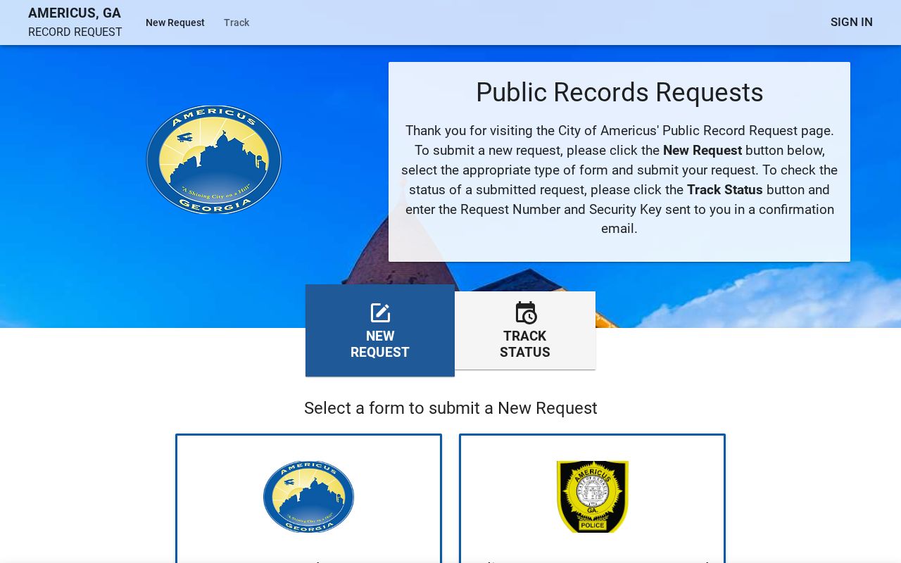 Americus JustFOIA public-records request portal for Sumter County police records