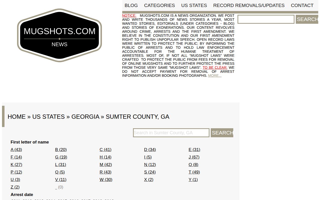 Unofficial Mugshots.com Sumter County archive page