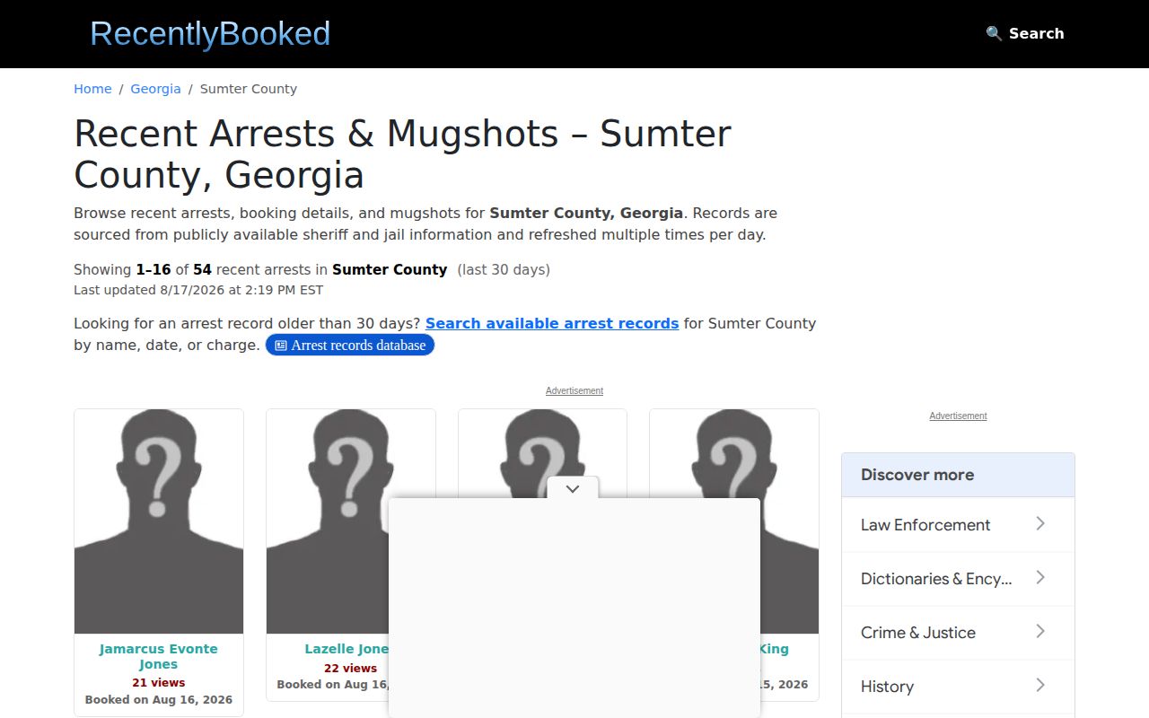 Unofficial Recently Booked Sumter County arrest page