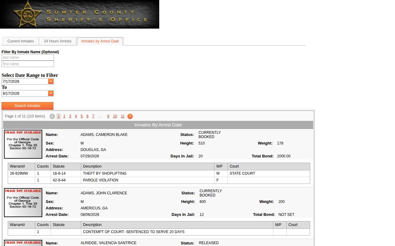 Sumter County arrest-date range search for released booking records