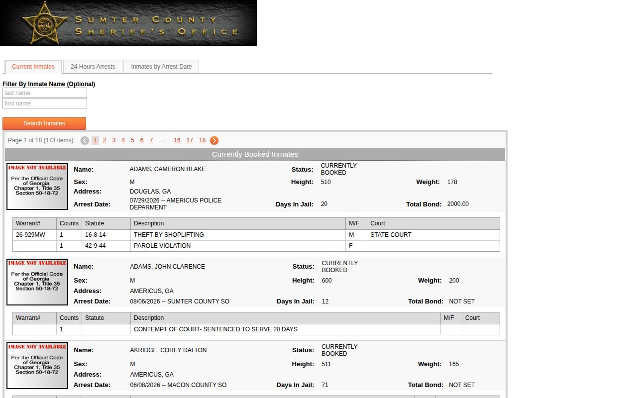 Sumter County Jail current inmate roster search fields for booking records