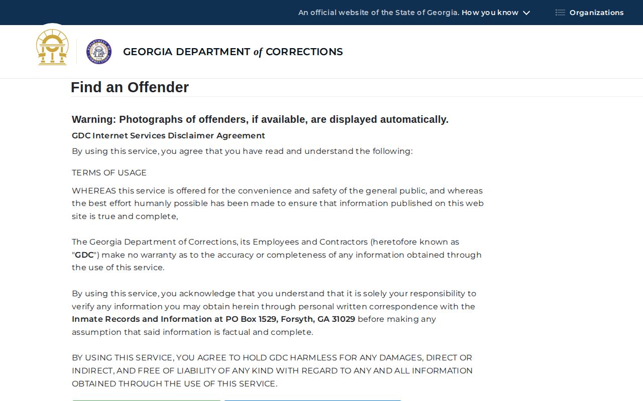 Georgia Department of Corrections offender query fields for Sumter County cases